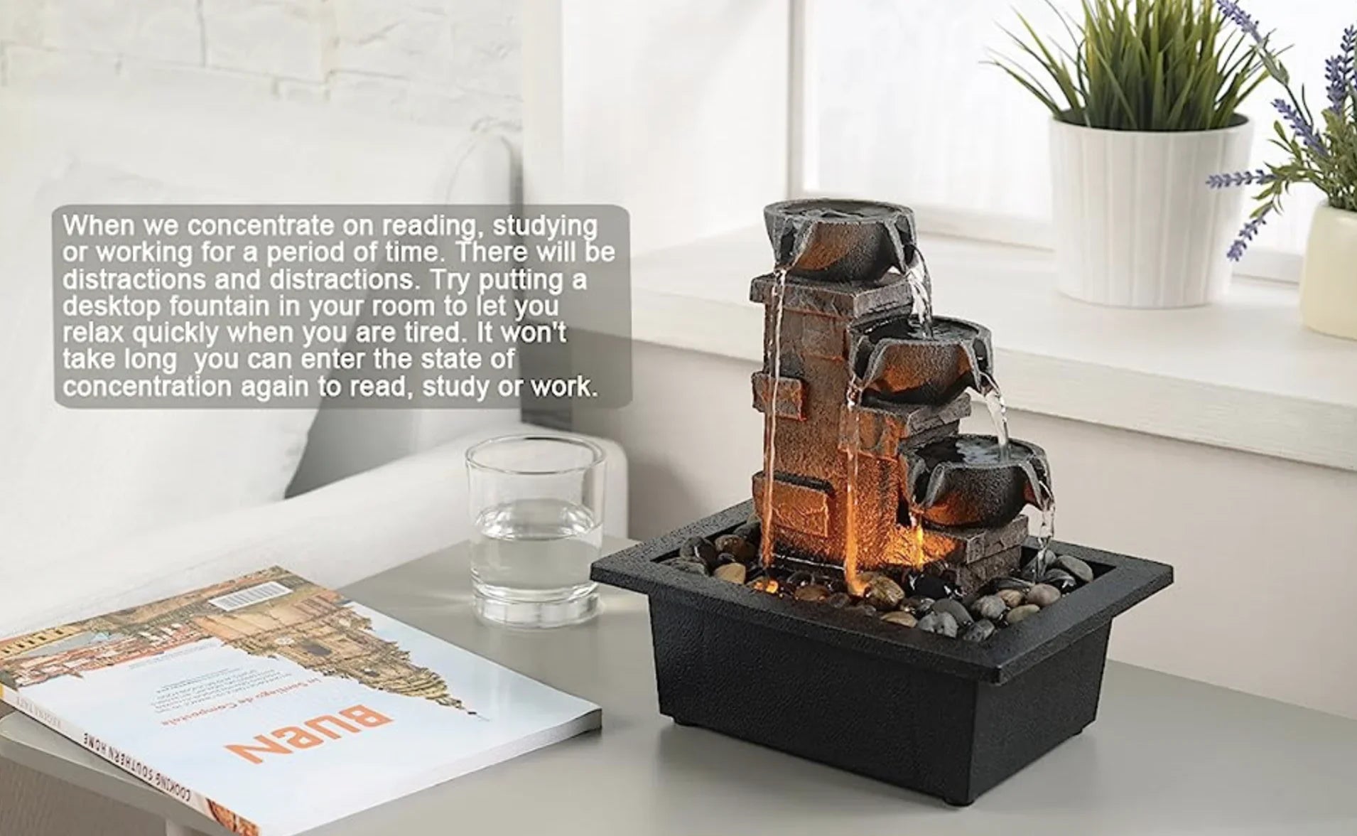 Stone Tabletop Natural Home GOSSI LED Rock 3-Tier Office Fountain(22070) Tabletop Relaxing Meditation Imitation Many Waterfall Lights River Décor Fountain Wall Fountain