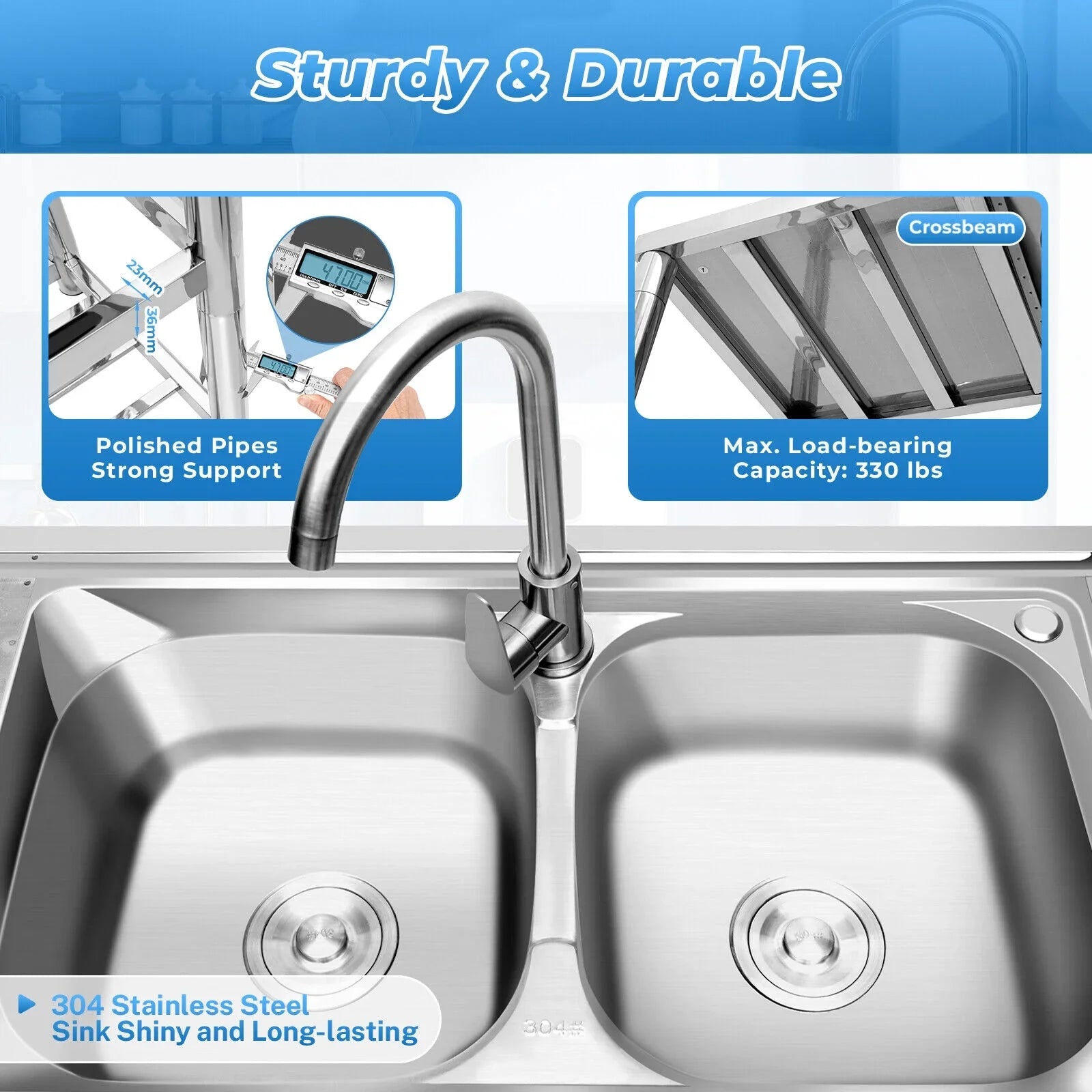 Kitchen Sink 304 Prep w/Faucet Bowls Prep w/ Bowl Catering Home Steel Utility Kitchen Catering Sink Table 2 +Shelf Bowl Catering Bowls Prep 2 Table Commercial Stainless Drainboard Kitchen Sink