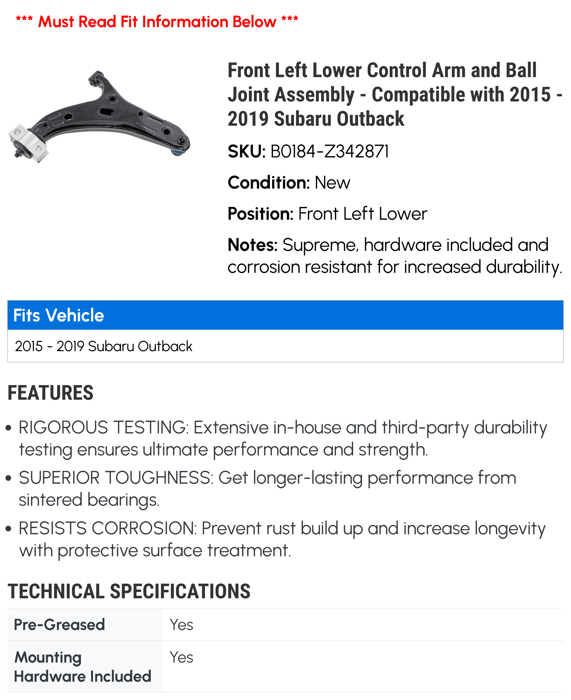 '- Lower Joint Outback Left and Ball Front Compatible Arm Subaru with Assembly 2015 Control 2018 2017 - 2016 2019