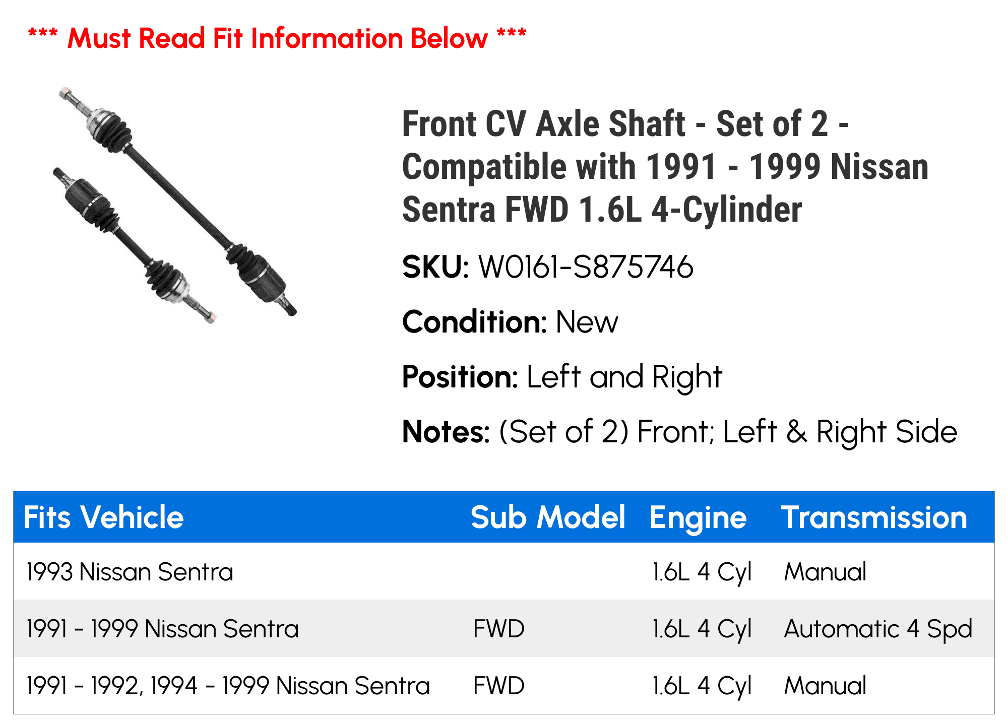 1997 1992 CV - 1998 2 - 4-Cylinder Compatible 1996 Shaft FWD 1993 - with 1994 1995 Set 1999 Nissan 1.6L of 1991 Sentra Axle Front