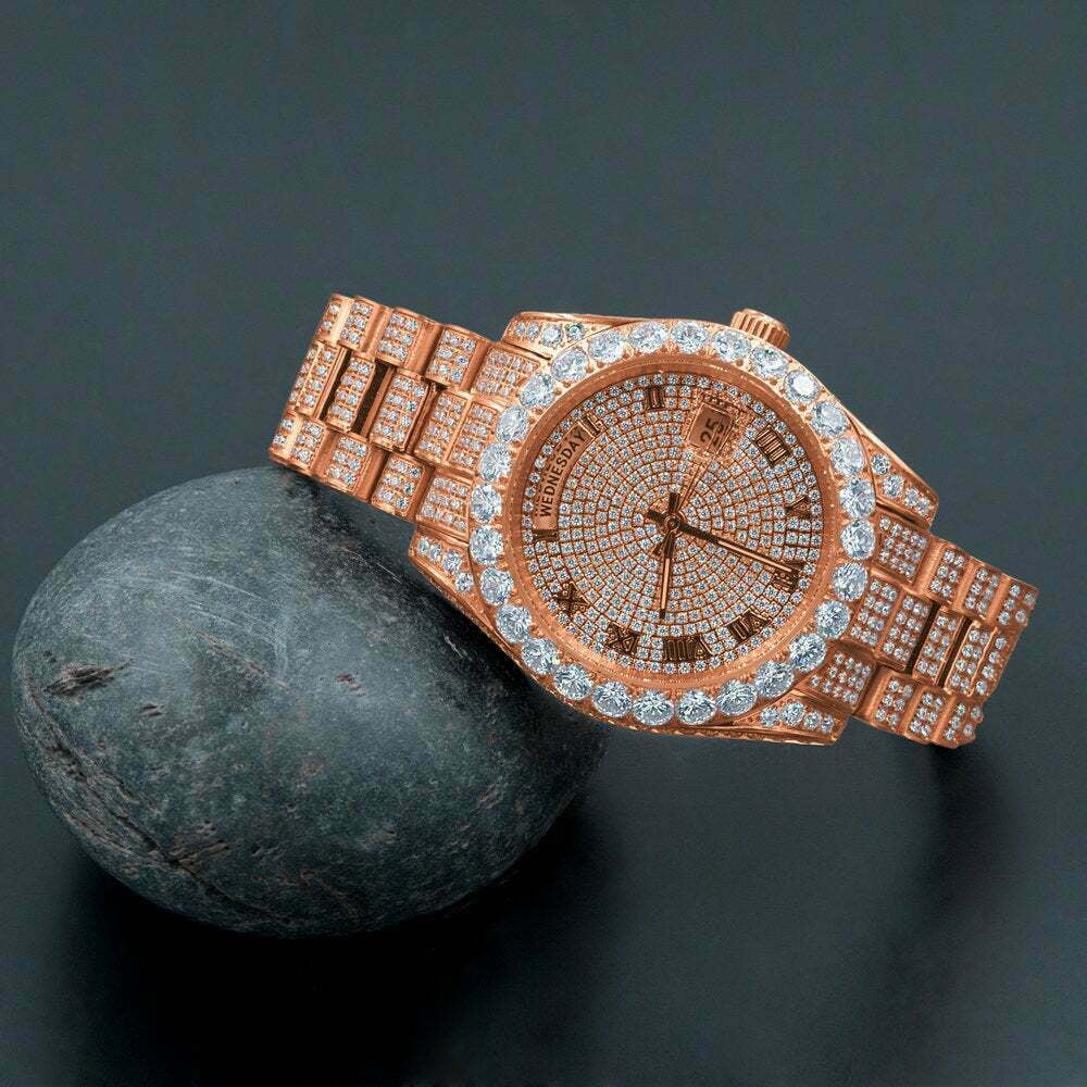 Steel Bezel Face Solitaire 40mm Full 18K Gold Day-Date Simulated Roman Tone Mens Rose Diamond Watch