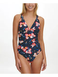 Removable Lined Piece Swimsuit Strappy Cups TOMMY Neck Deep Floral V One Women's Navy HILFIGER 16