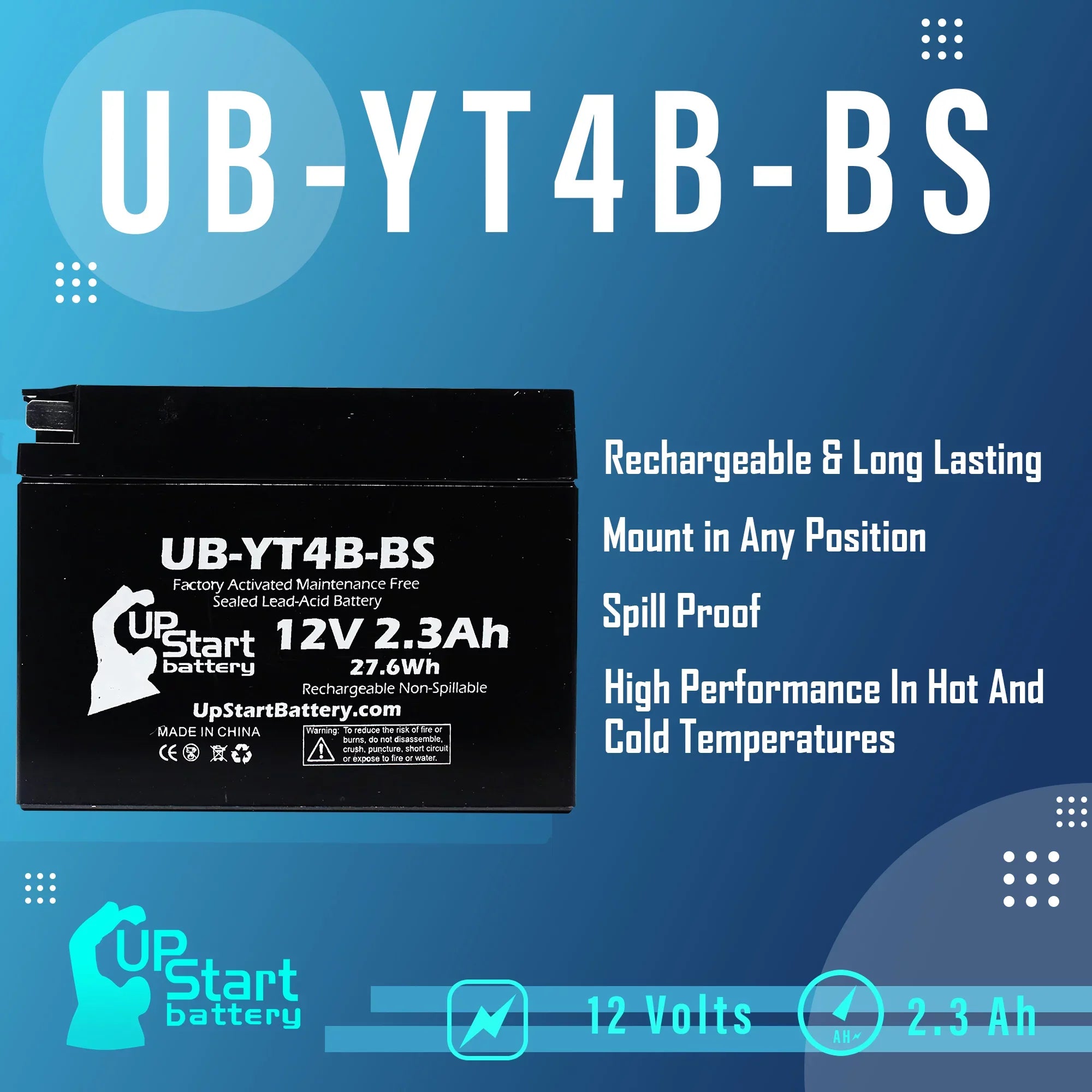 Yamaha 12V, 2.3Ah, Factory Battery UB-YT4B-BS Motorcycle Activated, 400CC Free, Battery UpStart 4-Pack for 2008 - Maintenance SR400 Replacement