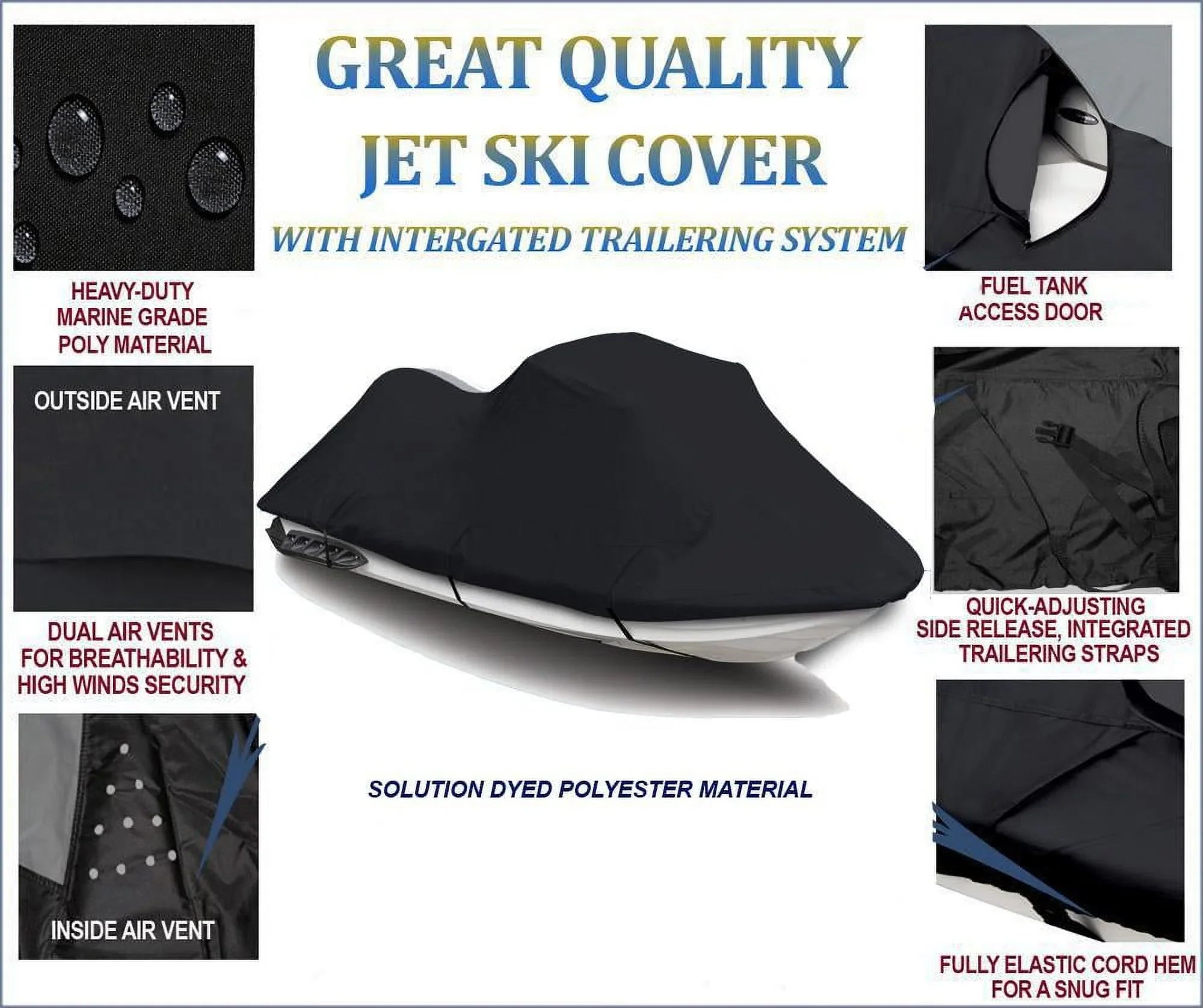 / 2 Cover 600D JH1100 1100 1996 SKI Compatible Kawasaki BLACK Seater 2001 JET ZXi PWC 1998 1999 2002 2003 1997 2000 for