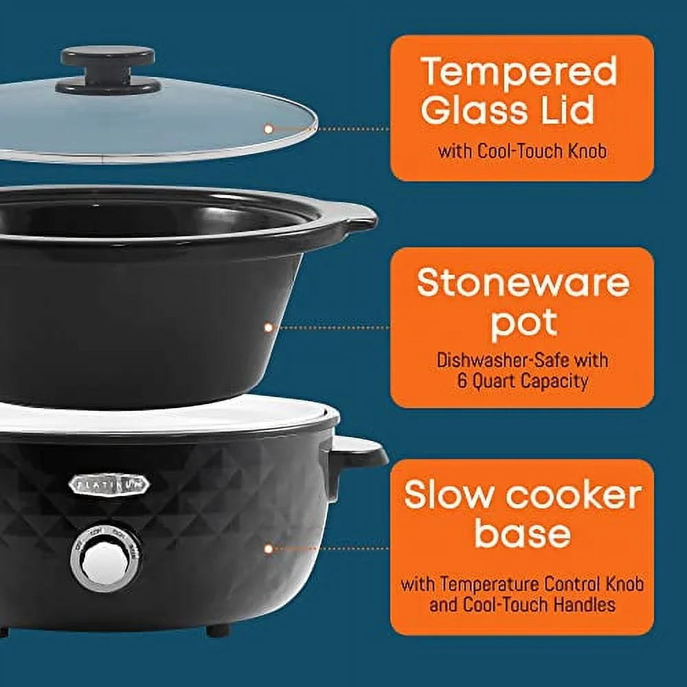 Quart, Removable, Cooker Cool-Touch Gourmet Tempered Elite Charcoal Slow Lid, MST1234BX# Pattern with Handles, Pot 6 Black Glass Stoneware Dishwasher-Safe Diamond